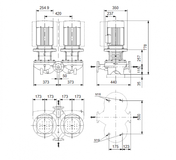 Габариты центробежного сдвоенного насоса Grundfos TPED 50-540/2 BAQE
