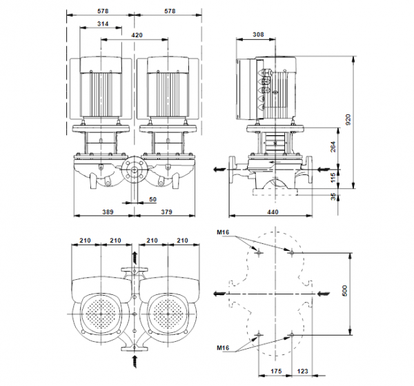 Габариты центробежного сдвоенного насоса Grundfos TPED 50-900/2 BAQE