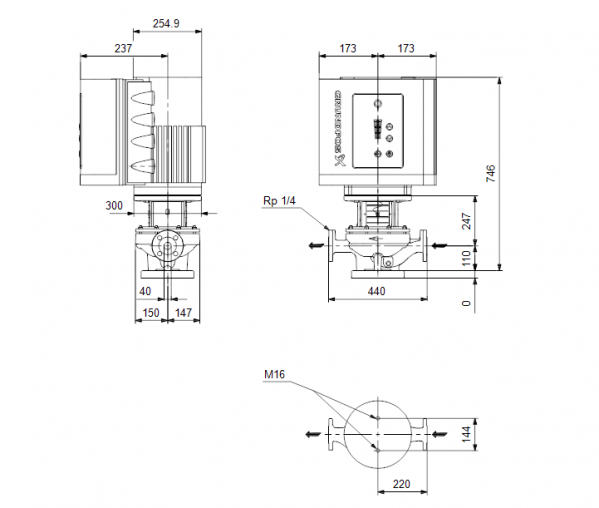 Габариты центробежного насоса Grundfos TPE 40-530/2-S BQQE
