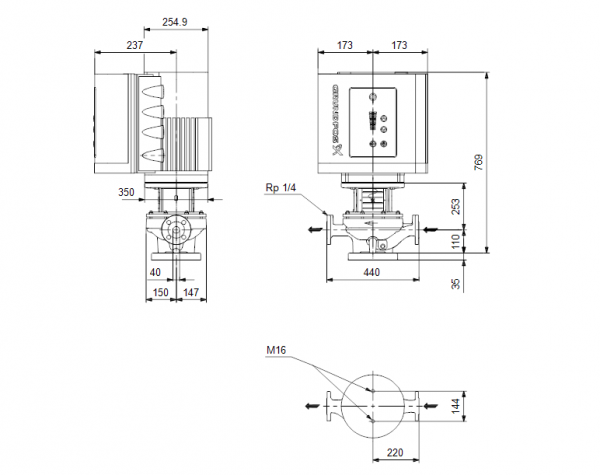 Габариты центробежного насоса Grundfos TPE 40-630/2-S BAQE