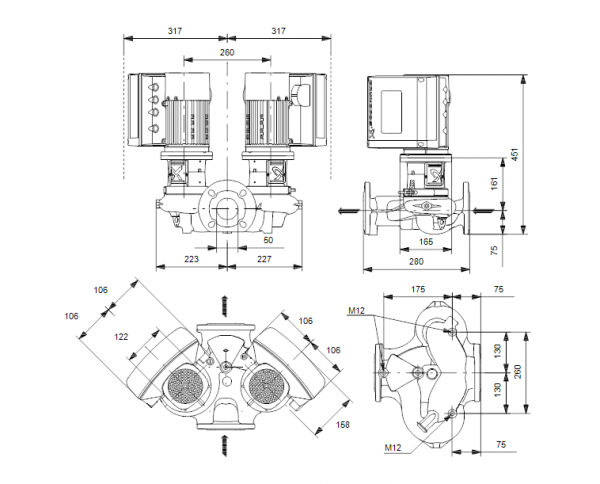 Габариты центробежного сдвоенного насоса Grundfos TPE2 D 50-180 BQBE