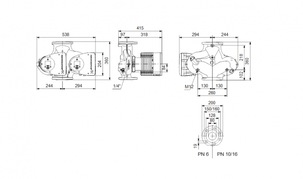 Габариты сдвоенного циркуляционного насоса Grundfos MAGNA3 D 80-120 F