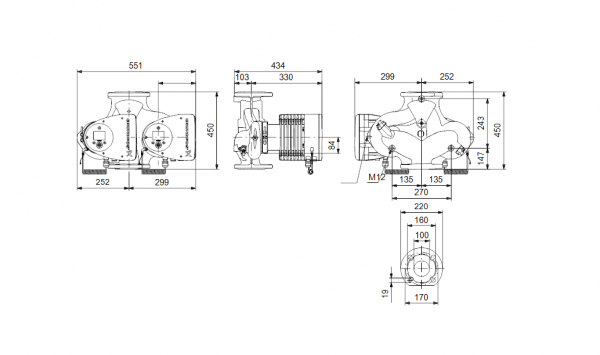 Габариты сдвоенного циркуляционного насоса Grundfos MAGNA3 D 100-100 F