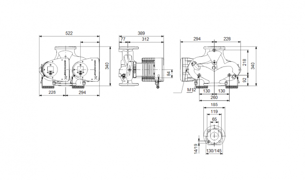 Габариты сдвоенного циркуляционного насоса Grundfos MAGNA3 D 65-80 F