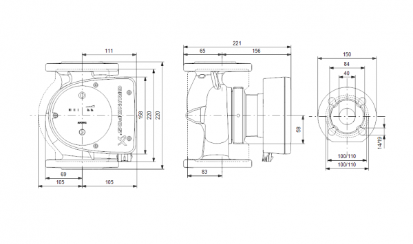 Габариты циркуляционного насоса Grundfos MAGNA1 40-60 F