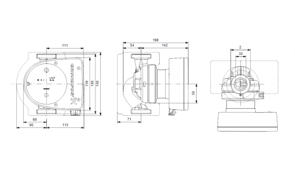 Габариты циркуляционного насоса Grundfos MAGNA1 32-100