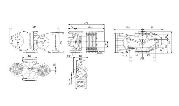 Габариты циркуляционного сдвоенного насоса Grundfos MAGNA1 D 50-80 F