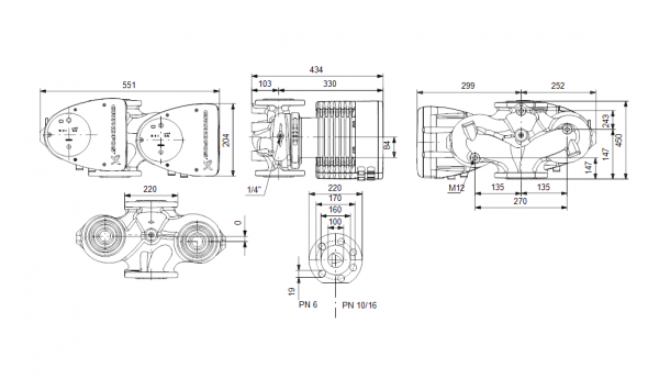 Габариты циркуляционного сдвоенного насоса Grundfos MAGNA1 D 100-120 F