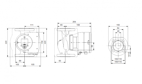 Габариты циркуляционного насоса Grundfos MAGNA3 40-40 F