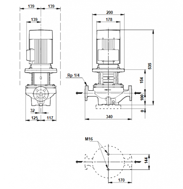 Габариты центробежного насоса Grundfos TP 32-200/2 BQQE